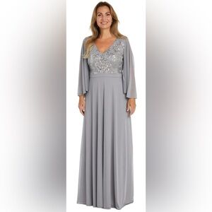 Beautiful Silver Chiffon Sequin Evening Gown Sheer Flowing Sleeves NWT! Size 14